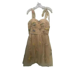 Lavetir Yellow Sleeveless Floral Embroidered Tulle Mini Dress forget me not